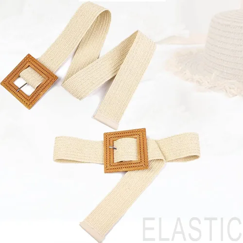 Vista 5 de Cinturón ceñido de paja tejida para mujer, elástico, de moda, con hebilla de madera.