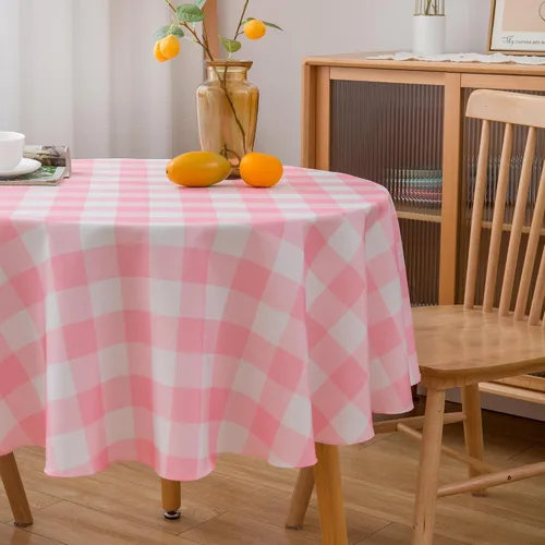 Vista 6 de Mantel Redondo Rosa de 60 Pulgadas Mantel a Cuadros Gingham - Cubierta de Mesa de Poliéster Rosa y Blanco a Cuadros Plaid Reutilizable Resistente al