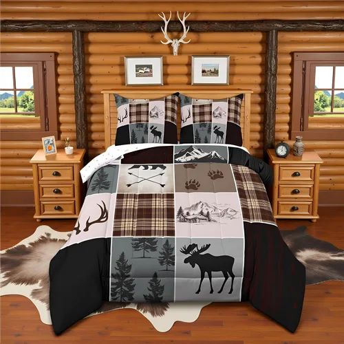 Vista 53 de Juego de ropa de cama Happy Camping de Homewish, tamaño individual, con diseño de osos cazadores y pinos, para niños, hombres, adultos, decoración