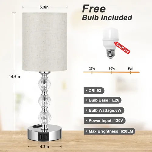 Vista 8 de Lámparas de noche táctiles blancas para dormitorios, lámpara de mesa de cristal con puerto de carga USB C+A y mesita de noche de salida de CA
