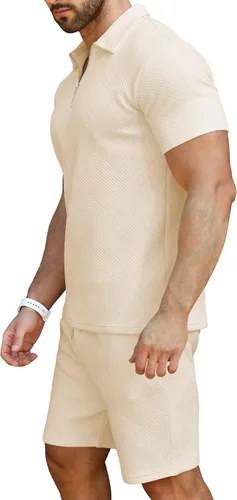 Vista 3 de KUYIGO Conjunto de camisa polo y pantalones cortos para hombre, trajes de verano a la moda, casual, de manga corta, traje de 2 piezas para hombre