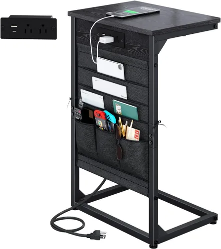 Vista 15 de Mesa auxiliar en forma de C con estación de carga rápida, mesa lateral pequeña para sofá con bolsa de almacenamiento, bandeja de TV para sofá