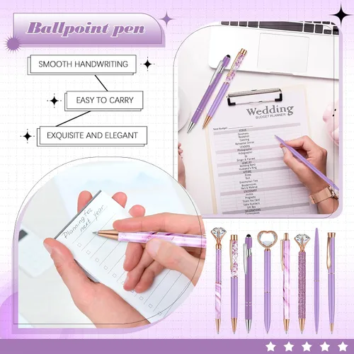 Vista 4 de Supervitae 8 Bolígrafos Morados para Mujer, Papelería Escolar, Regalos de Diario, Arena Líquida con Purpurina, Bolígrafos de Tinta Negra, Regalos