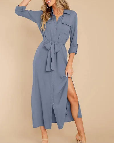 Vista 3 de Fekermia Vestido de camisa con botones para mujer, vestido de manga larga enrollable, con cinturón, con bolsillos