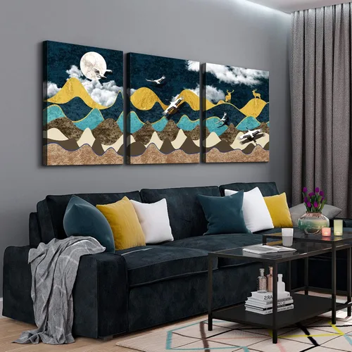 Vista 4 de Denozer 3 paneles de lienzo abstracto de estilo nórdico, arte de pared, paisaje de montaña, impresiones artísticas de luna y noche, póster