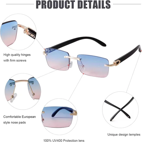 Vista 6 de Lentes de sol rectangulares de metal dorado con lente tintada, patillas de madera de los años 90, gafas retro para mujeres y hombres