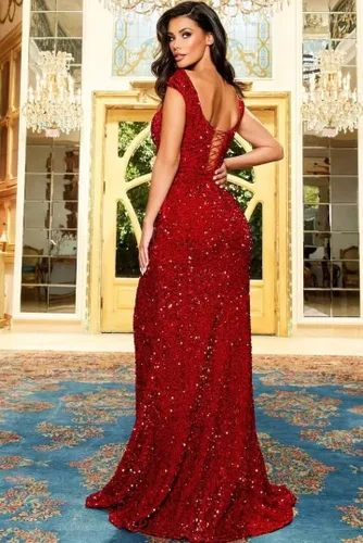 Vista 5 de Brillantes vestidos de fiesta con hendidura vestido largo de lentejuelas sirena con plisado hombro frío vestido de bola para mujer RO032