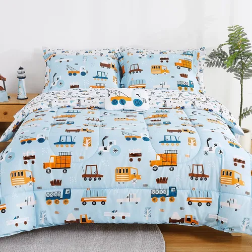 Vista 15 de Mooreeke Juego de edredón individual para niños de 6 piezas, juego de ropa de cama azul para adolescentes, cama de tren de microfibra para niños