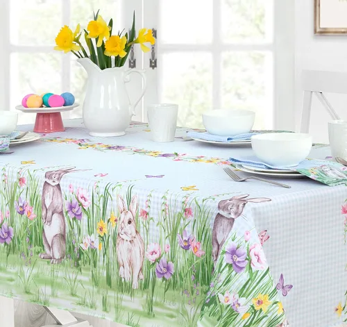 Vista 5 de Manteles Newbridge con diseño de Pascua, primavera, prado y conejos bordados, adorable tela de mantel con conejos y de color azul, con estampado a