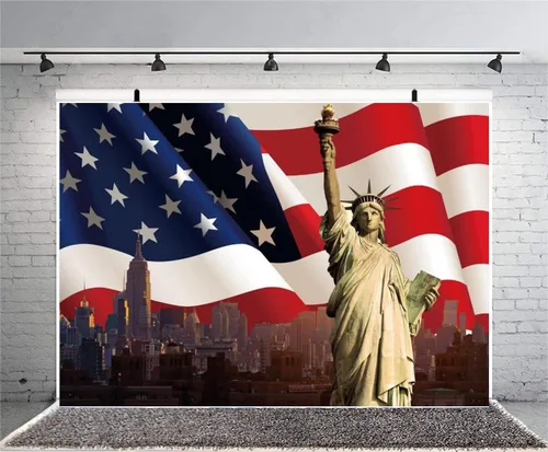 Vista 2 de Fondo de vinilo de 5 x 3 pies con bandera estadounidense, 4 de julio, celebra el Día Nacional, Estatua de la Libertad, Fondo de fotografía