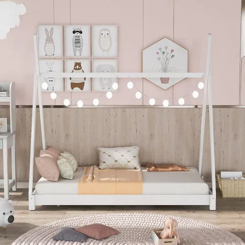 Vista 3 de Cama de plataforma de madera maciza tamaño individual con estructura triangular, marco de cama de suelo individual para niños, niñas, adolescentes