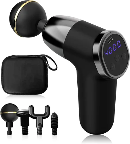 Vista 18 de Ergocar Potente pistola de masaje muscular tejido profundo, 6 velocidades masajeador de cuerpo eléctrico de mano con 4 cabezas súper silencioso Negro