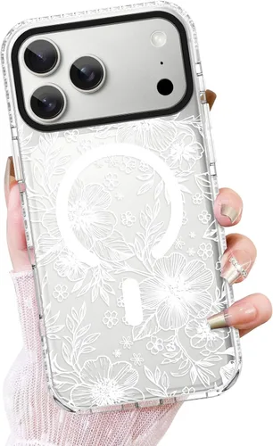 Vista 45 de OOK Funda magnética transparente para iPhone 17, lindo encaje floral negro Encaje Negro Floral
