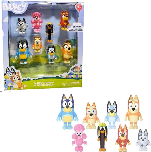 Vista 2 de Bluey Family and Friends - Figura de 8 piezas: figuras de acción articuladas de 2.5 pulgadas; Bluey, Bingo, Bandido (papá), chile (mamá), coco