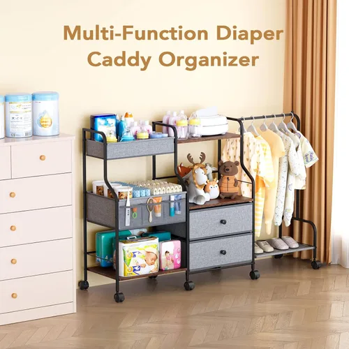 Vista 7 de BBLIKE Organizador de pañales con estante para colgar, carrito utilitario rodante de 3 niveles con cajones y divisores para almacenamiento
