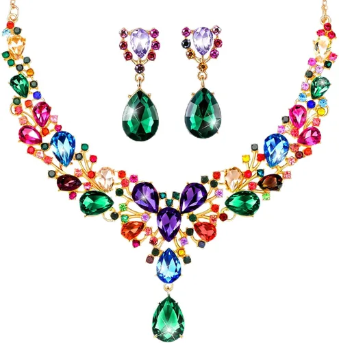 Vista 10 de Hicarer Conjunto de joyas de cristal en forma de lágrima nupcial para mujer, collar, aretes, boda Negro