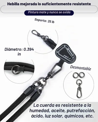 Vista 3 de Cordón para teléfono celular ×1, Pestaña de sujeción ×2, Correa de teléfono ajustable universal, Cruzada, Cordón para el cuello, Correa de cuerda