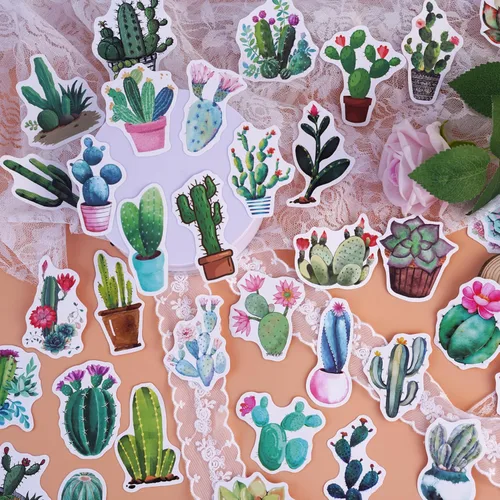 Vista 6 de Calcomanías de plantas verdes, 100 calcomanías de cactus, calcomanías de vinilo impermeables para laptop, patineta, Hydro Flask para computadora