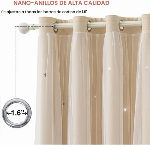 Vista 2 de Cortinas opacas con recortes de estrellas para dormitorio de niñas y niños, cortina de doble capa con aislamiento térmico y superposición Beige
