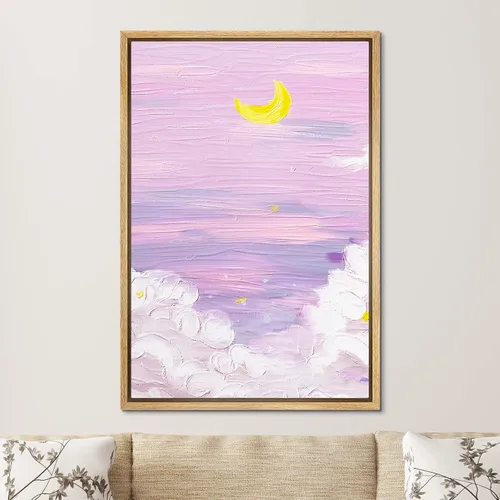 Vista 2 de SIGNFORD Lienzo enmarcado para pared, acuarela pastel, morado, luna, cielo, naturaleza, ilustraciones de área silvestre, arte moderno, vibrante
