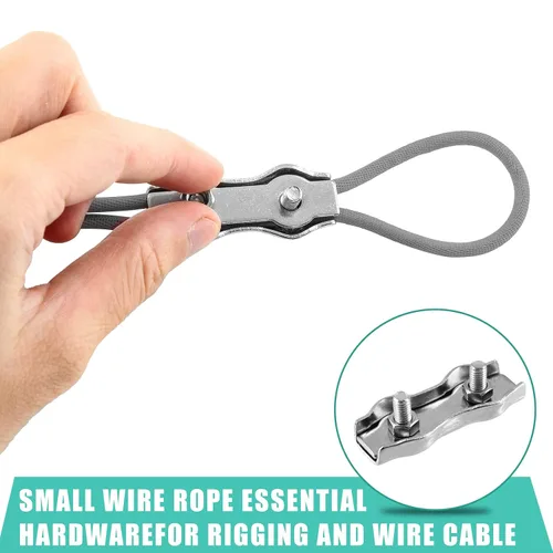 Vista 7 de 20 abrazaderas de cuerda de alambre M3 de 1/8 pulgadas, abrazadera de cable de acero inoxidable de 2 postes, clips de cuerda de alambre de doble