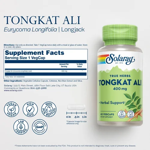 Vista 2 de Solaray Tongkat Ali raíz de 400 mg cápsulas v, 60