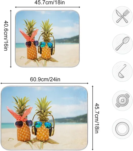 Vista 2 de Tapete de secado de platos de piña de verano divertido para decoración de fregadero de cocina, 16 x 18 pulgadas, tapete escurridor de platos junto
