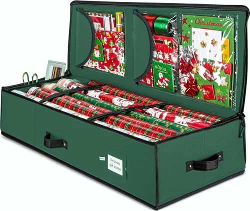 Vista 11 de ZOBER Organizador de papel de regalo, contenedores de almacenamiento de papel de regalo de 40 pulgadas con bolsillos interiores para lazos