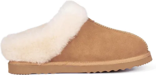 Vista 4 de Parfeying Pantuflas de casa para mujer, lana real de oveja, suela de goma antideslizante, cálidas para interiores y exteriores para mujer