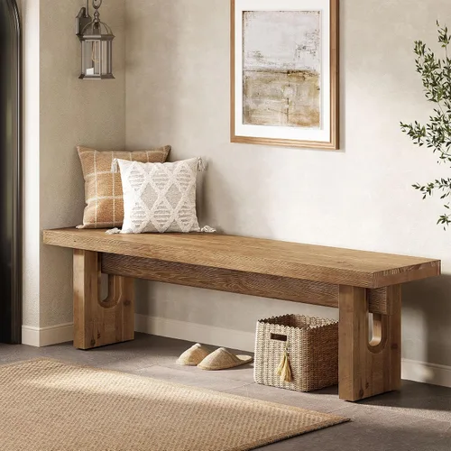 Vista 10 de Banco de madera maciza de 63 pulgadas, banco de comedor extra largo para mesa de cocina, banco de entrada de madera rústica, asiento