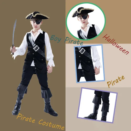 Vista 2 de DSplay Disfraz de pirata para niños, cosplay, ropa para niños, juego de rol, fiesta de Halloween para niños