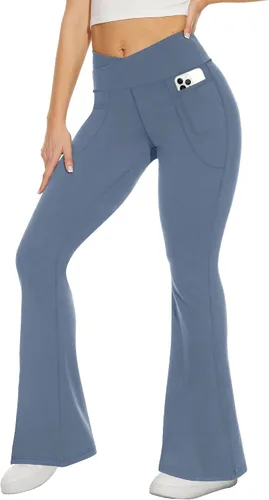 Vista 109 de TNNZEET Leggings acampanados negros para mujer, pantalones de yoga cruzados con bolsillos, corte de bota, leggings acampanados