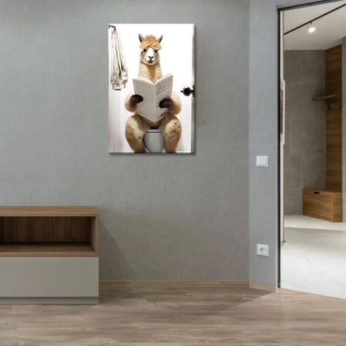 Vista 3 de GLOKAKA Lienzo decorativo para baño, diseño divertido de alpaca sentado en el inodoro, leyendo periódico, arte de pared, humor, granja, animal, arte