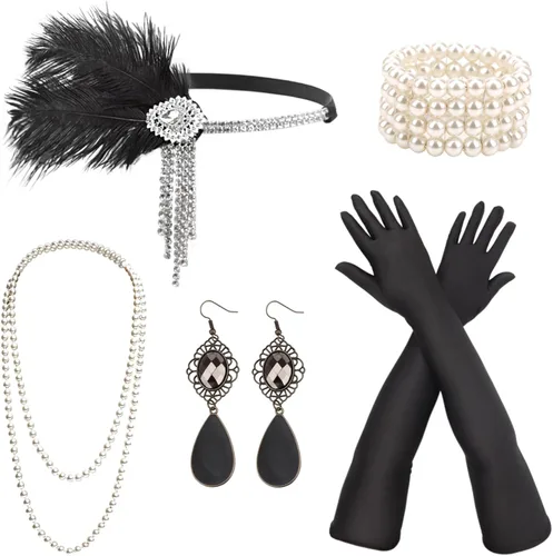 Vista 21 de DRESHOW Juego de accesorios del Gran Gatsby de los años 20 para mujer, accesorios de disfraz de flapper, diadema de plumas, juego de accesorios de 1