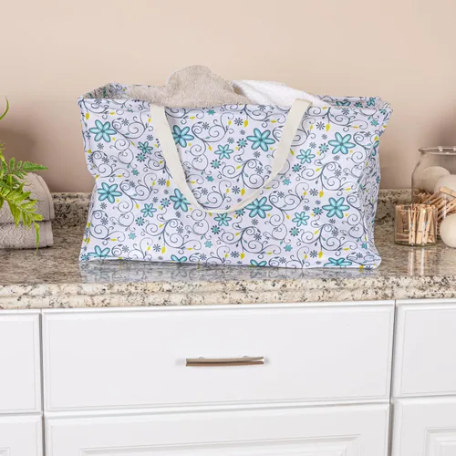 Vista 2 de Household Essentials Bolso de lona Krush con estampado floral blanco y azul, bolsa multiusos para todos los propósitos Floral azul