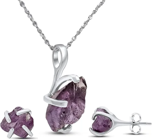 Vista 88 de Juego de joyas de piedras preciosas crudas reales con plata de ley 925 chapada en oro real, collar y aretes de piedra natal, regalo para ella por