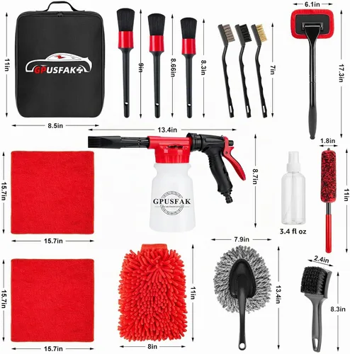 Vista 8 de 16Pcs Kit de Limpieza para Lavado de Auto con Pistola de Espuma, Cepillos de Detalle, Herramienta de Limpieza de Parabrisas, Cepillos para Llanta