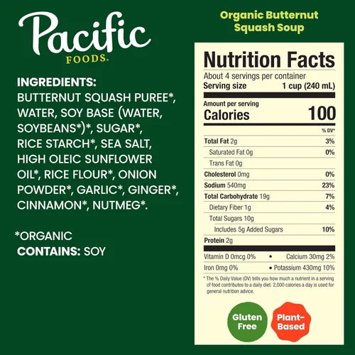 Vista 2 de Pacific Foods Sopa Orgánica de Calabaza Butternut, Cartón de 32 oz (Paquete de 12)
