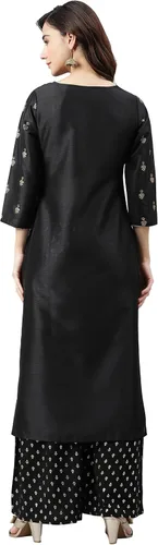Vista 5 de Janasya Kurta de seda negra de poli para mujer india