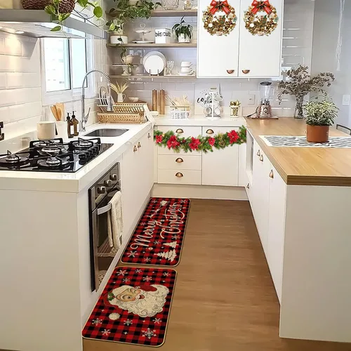 Vista 4 de Juego de 2 tapetes de cocina de Navidad, copos de nieve y Papá Noel, alfombras de cocina antideslizantes para fiestas de vacaciones y decoración