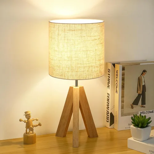 Vista 9 de Lámpara de mesa pequeña de madera, lámpara de mesa de trípode de madera con pantalla de tela blanca, linda lámpara de mesa boho minimalista