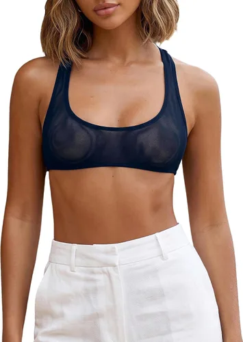 Vista 9 de RoseSeek Brasier deportivo de malla transparente para mujer, sin mangas, con espalda cruzada Negro