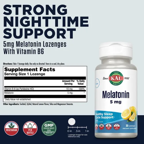Vista 3 de KAL Pastillas de melatonina de 5 mg de ayuda para dormir, suplemento de melatonina que apoya la calidad del sueño, relajación calmante y un ciclo