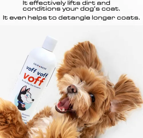 Vista 6 de Voff Voff Voff Champú todo en uno para perros de Geir Ness – Fórmula natural de avena y aloe con coco y extracto de palma datilera – Limpia