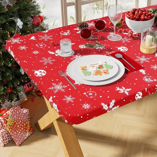 Vista 31 de misaya Mantel rectangular de vinilo, mantel ajustable, 100% impermeable, borde elástico, reverso de franela, mantel de plástico para mesas plegables