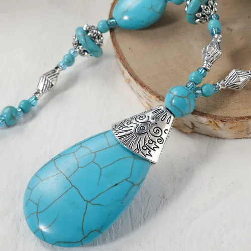 Vista 7 de K Collar bohemio turquesa con cuentas largas para mujer, joyería nativa para mujer, colgante étnico, joyería de estilo nacional, Zinc, No es una