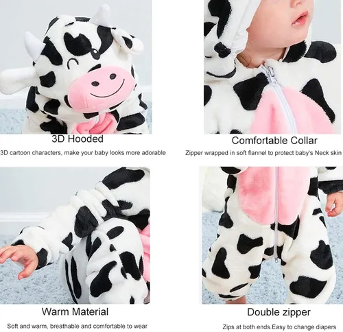Vista 6 de GRNSHTS Newborn Baby Cartoon Cows Warm Flannel Hooded Romper Unisex Baby Animal Costume Winter Autumn Jumpsuit