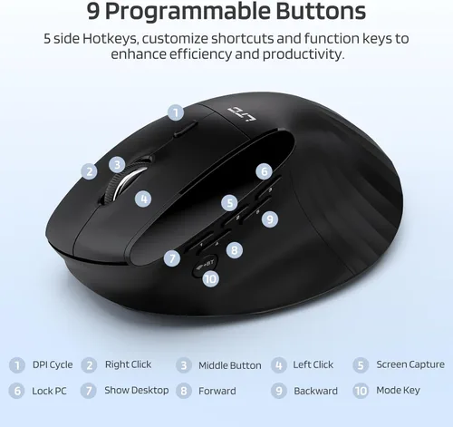 Vista 5 de LTC GM051 Ratón ergonómico vertical inalámbrico – 8K DPI óptico, 9 botones programables (5 lados), recargable 850mAh, Bluetooth