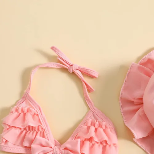 Vista 3 de Yccutest Traje de baño de flores para bebé, 3 piezas, parte superior triangular, parte inferior con volantes, sombrero para el sol, conjunto