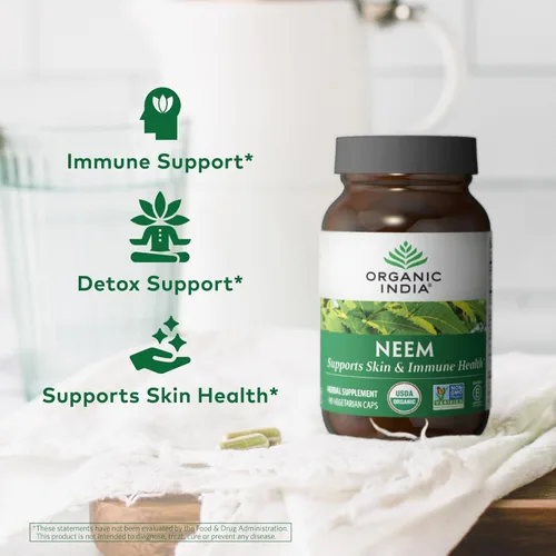 Vista 4 de Organic India Cápsulas de Hoja de Neem - Suplemento Herbal, Apoya la Salud de la Piel y del Sistema Inmunológico, Vegano, Sin Gluten, Certificado